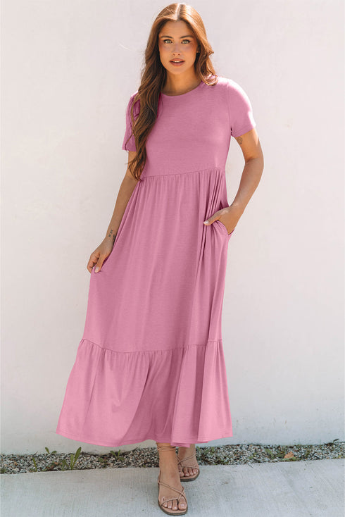 Effortless Solid High Waist Pocketed Short Sleeve Maxi T Shirt Dress